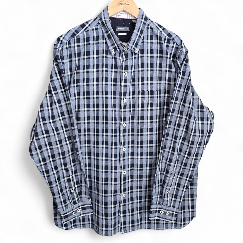 Van Heusen Dress Shirt Mens‎ XL 17-17.5 Blue Plaid Button Down Classic Fit